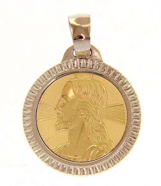 Picture of Holy Face of Jesus Christ with aureole and carved Edge Sacred Medal Round Pendant gr 2,5 Bicolour yellow white Gold 18k Unisex Woman Man 