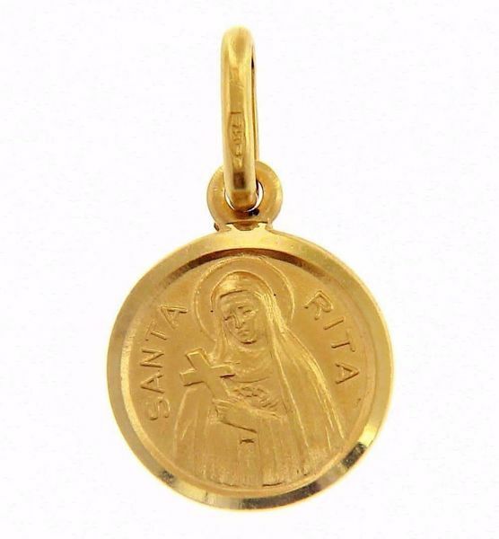 Imagen de Santa Rita con Cruz y Aureola Medalla Sagrada Colgante redonda Acuñación gr 1,3 Oro amarillo 18kt con borde liso Unisex Mujer Hombre 