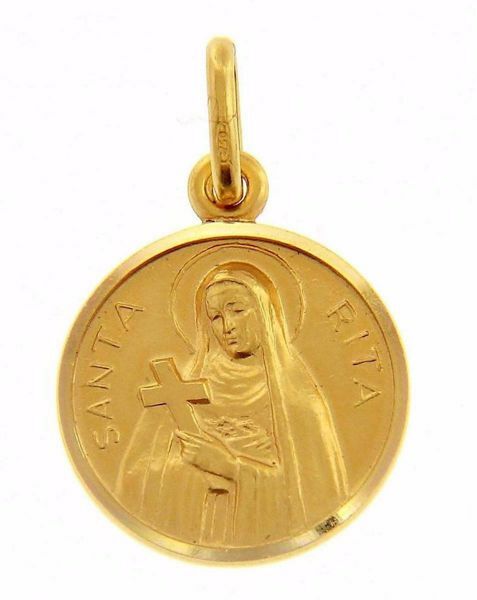 Imagen de Santa Rita con Cruz y Aureola Medalla Sagrada Colgante redonda Acuñación gr 2,5 Oro amarillo 18kt con borde liso Unisex Mujer Hombre 