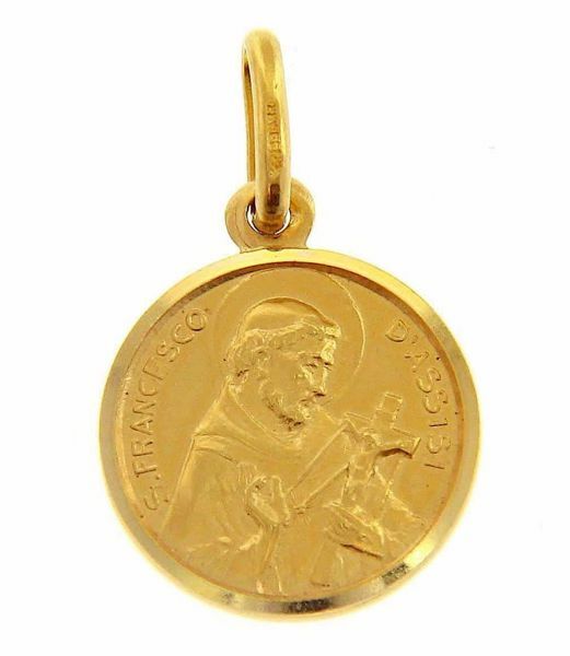 Picture of Saint Francis of Assisi Coining Sacred Medal Round Pendant gr 2 Yellow Gold 18k with smooth edge Unisex for Woman and Man