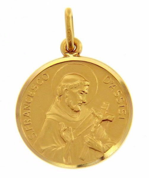 Immagine di San Francesco d’Assisi Medaglia Sacra Pendente tonda Conio gr 4,7 Oro giallo 18kt con bordo liscio Unisex Donna Uomo