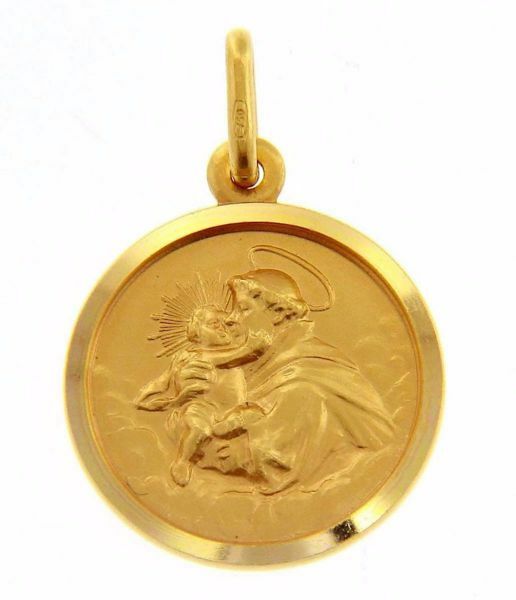 Imagen de San Antonio de Padua con Niño Medalla Sagrada Colgante redonda Acuñación gr 3,3 Oro amarillo 18kt con borde liso Unisex para Mujer y Hombre