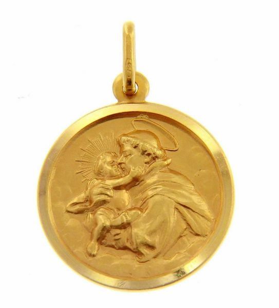 Imagen de San Antonio de Padua con Niño Medalla Sagrada Colgante redonda Acuñación gr 4,6 Oro amarillo 18kt con borde liso Unisex para Mujer y Hombre