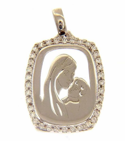 Imagen de Madonna Virgen con el Niño con puntos de Luz Colgante oval gr 1,85 Oro blanco 18kt con Zircones para Mujer 