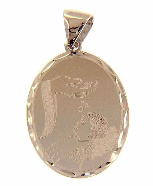 Picture of Baptism Gift of God Oval Pendant gr 2 White Gold 18k with decorated edge for Baby Girl and Boy
