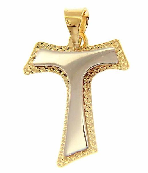 Immagine di Croce Tau di San Francesco doppia Ciondolo Pendente gr 1,2 Bicolore Oro giallo bianco 18kt lastra stampata a rilievo da Donna 