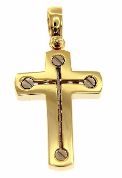 Picture of Modern Design Cross with screws Pendant gr 13 Bicolour yellow white solid Gold 18k for Man 