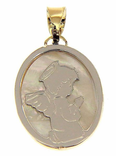 Picture of Guardian Angel praying Sacred Oval Medal Pendant gr 1,6 Bicolour yellow white Gold 18k with white Mother of Pearl for Children (Boys and Girls)