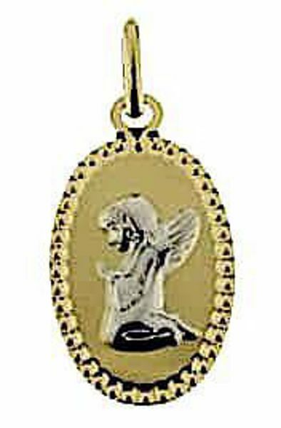 Imagen de Ángel de la Guarda en Oración con borde diamantado Medalla Sagrada Colgante oval gr 1 Bicolor Oro blanco amarillo 18kt para Niño y Niña