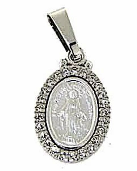 Immagine di Madonna Miracolosa con Corona punti luce Medaglia Sacra Pendente ovale Conio gr 3 Oro bianco 18kt con Zirconi da Donna 