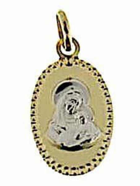 Immagine di Madonna con Bambino con bordo diamantato Medaglia Sacra Pendente ovale gr 1 Bicolore Oro giallo bianco 18kt da Donna 