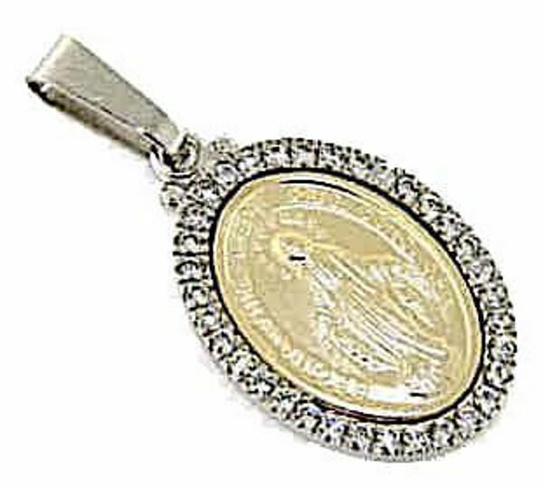 Imagen de Virgen María Nuestra Señora Milagrosa con Corona Medalla Sagrada Colgante oval Acuñación gr 3,9 Bicolor Oro blanco amarillo 18kt con Zircones para Mujer 