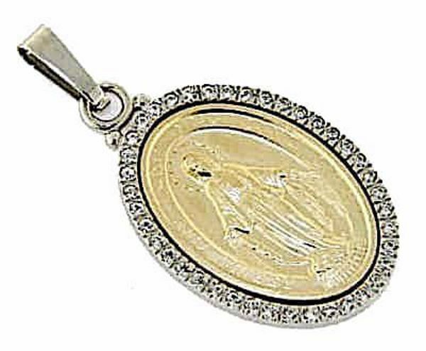 Imagen de Virgen María Nuestra Señora Milagrosa con Corona Medalla Sagrada Colgante oval Acuñación gr 8,2 Bicolor Oro blanco amarillo 18kt con Zircones para Mujer 
