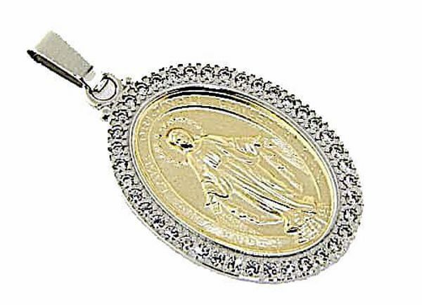 Imagen de Virgen María Nuestra Señora Milagrosa con Corona Medalla Sagrada Colgante oval Acuñación gr 9,9 Bicolor Oro blanco amarillo 18kt con Zircones para Mujer 