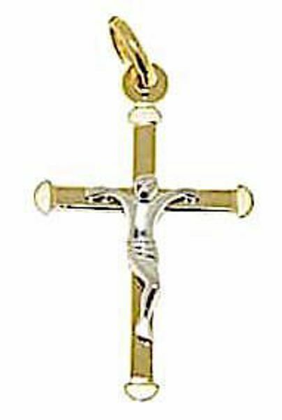 Immagine di Croce moderna con corpo di Cristo Ciondolo Pendente gr 1,1 Bicolore Oro giallo bianco 18kt lastra stampata a rilievo Unisex Donna Uomo 