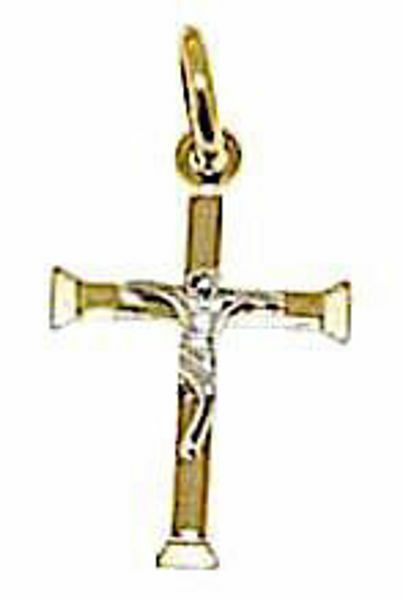 Immagine di Croce moderna con corpo di Cristo Ciondolo Pendente gr 0,6 Bicolore Oro giallo bianco 18kt lastra stampata a rilievo Unisex Donna Uomo 