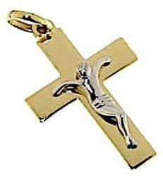 Imagen de Cruz recta simple con Cuerpo de Cristo Colgante gr 1,4 Bicolor Oro blanco amarillo 18kt placa impresa en rilieve Unisex Mujer Hombre 