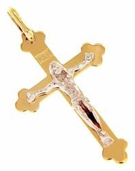 Picture of Tri-lobed Cross with Body of Christ and INRI Pendant gr 2,5 Bicolour yellow white solid Gold 18k Unisex for Woman and Man