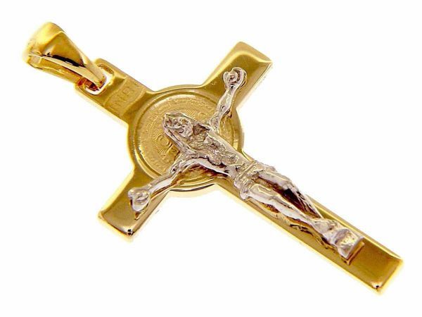 Immagine di Croce di San Benedetto con INRI Ciondolo Pendente gr 3 Bicolore Oro massiccio giallo bianco 18kt Unisex Donna Uomo 