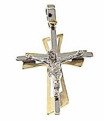 Imagen de Doble Cruz Moderna perforada con Cuerpo de Cristo Colgante gr 4,4 Bicolor Oro blanco amarillo macizo 18kt Unisex Mujer Hombre 