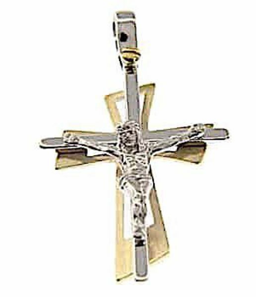 Immagine di Croce moderna doppia con corpo di Cristo traforata Ciondolo Pendente gr 4,4 Bicolore Oro massiccio giallo bianco 18kt Unisex Donna Uomo 