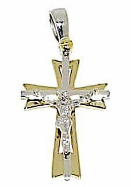 Picture of 8-pointed perforated Double Cross with Body of Christ Pendant gr 3,1 Bicolour yellow white solid Gold 18k Unisex Woman Man 