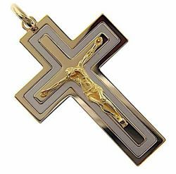 Picture of Triple Cross with Body of Christ Pendant gr 15,8 Bicolour yellow white solid Gold 18k Unisex Woman Man 
