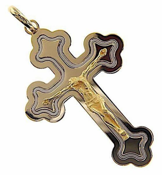 Picture of Triple flared Cross with Body of Christ Pendant gr 14 Bicolour yellow white solid Gold 18k Unisex Woman Man 