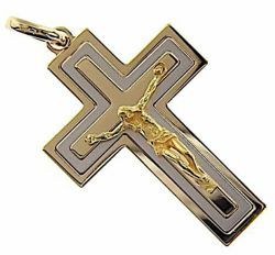 Imagen de Cruz triple recta con Cuerpo de Cristo Colgante gr 11,5 Bicolor Oro blanco amarillo macizo 18kt Unisex Mujer Hombre 