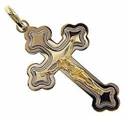 Picture of Triple flared Cross with Body of Christ Pendant gr 9,9 Bicolour yellow white solid Gold 18k Unisex for Woman and Man