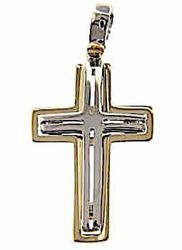 Picture of Perforated Double Cross Pendant gr 3,1 Bicolour yellow white solid Gold 18k Unisex Woman Man 