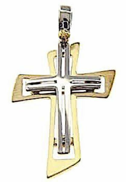 Picture of Perforated Double Cross Pendant gr 3,5 Bicolour yellow white solid Gold 18k Unisex Woman Man 