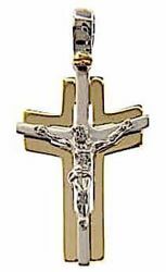 Immagine di Croce doppia ad arco traforata con corpo di Cristo Ciondolo Pendente gr 3,6 Bicolore Oro massiccio giallo bianco 18kt Unisex Donna Uomo 
