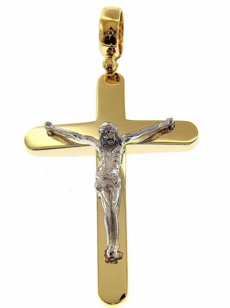 Immagine di Croce stondata con corpo di Cristo Ciondolo Pendente gr 14,5 Bicolore Oro massiccio giallo bianco 18kt Unisex Donna Uomo 