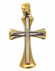 Picture of Double flared Cross Pendant gr 3,5 Bicolour yellow white solid Gold 18k Unisex Woman Man 