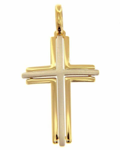 Immagine di Croce doppia ad arco traforata Ciondolo Pendente gr 1,6 Bicolore Oro massiccio giallo bianco 18kt Unisex Donna Uomo 