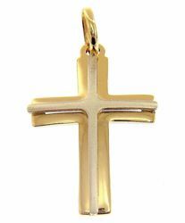 Immagine di Croce doppia ad arco traforata Ciondolo Pendente gr 1,3 Bicolore Oro massiccio giallo bianco 18kt Unisex Donna Uomo 