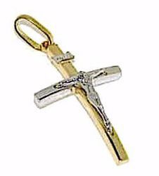 Picture of Modern Straight Cross with Body of Christ and INRI Pendant gr 1,4 Bicolour yellow white Gold 18k Hollow Tube Unisex Woman Man 