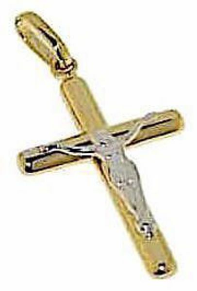 Imagen de Cruz recta simple con Cuerpo de Cristo Colgante gr 1,25 Bicolor Oro blanco amarillo 18kt Tubo hueco Unisex Mujer Hombre 