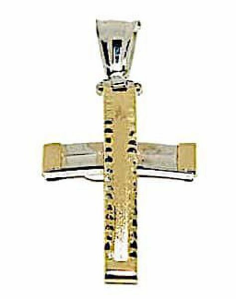 Picture of Decorated Modern Cross Pendant gr 2 Bicolour yellow white Gold 18k Hollow Tube Unisex Woman Man 