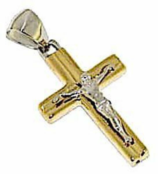 Picture of Striped Straight Cross with Body of Christ Pendant gr 1,6 Bicolour yellow white Gold 18k Hollow Tube Unisex Woman Man 