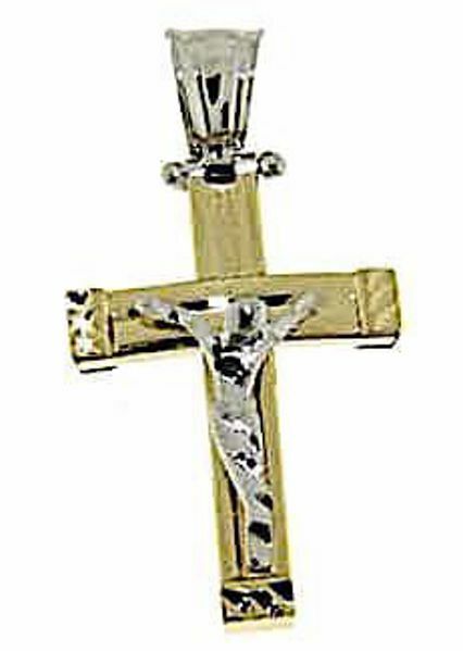 Picture of Curved Cross with Body of Christ Pendant gr 2,3 Bicolour yellow white Gold 18k Hollow Tube Unisex Woman Man 