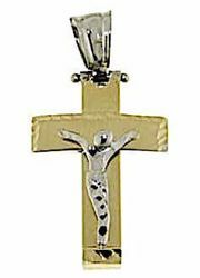 Imagen de Cruz arqueada con Cuerpo de Cristo Colgante gr 2,5 Bicolor Oro blanco amarillo 18kt Tubo hueco Unisex Mujer Hombre 