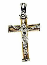 Picture of Striped Modern Cross with Body of Christ Pendant gr 2 Bicolour yellow white Gold 18k Hollow Tube Unisex Woman Man 