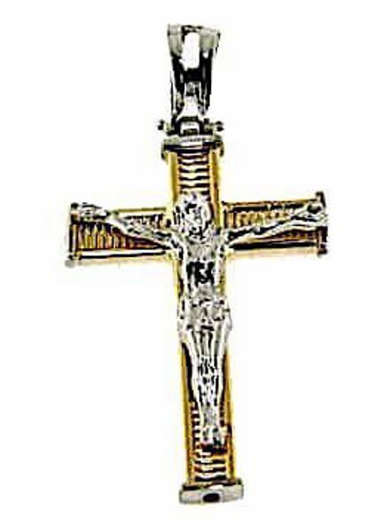 Immagine di Croce moderna rigata con corpo di Cristo Ciondolo Pendente gr 2 Bicolore Oro giallo bianco 18kt a Canna vuota Unisex Donna Uomo 