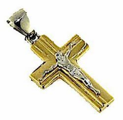 Picture of Striped Straight Cross with Body of Christ Pendant gr 1,7 Bicolour yellow white Gold 18k Hollow Tube Unisex Woman Man 