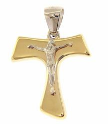 Immagine di Croce Tau di San Francesco con corpo di Cristo Ciondolo Pendente gr 1,9 Bicolore Oro giallo bianco 18kt a Canna vuota Unisex Donna Uomo 