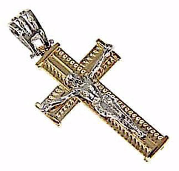 Picture of Decorated Straight Cross with Body of Christ Pendant gr 2,7 Bicolour yellow white Gold 18k Hollow Tube Unisex Woman Man 