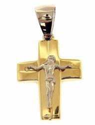 Imagen de Cruz abombada trabajada con Cuerpo de Cristo Colgante gr 1,5 Bicolor Oro blanco amarillo 18kt Tubo hueco Unisex Mujer Hombre 