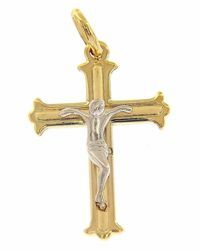 Immagine di Croce gigliata con corpo di Cristo Ciondolo Pendente gr 1,9 Bicolore Oro giallo bianco 18kt a Canna vuota Unisex Donna Uomo 